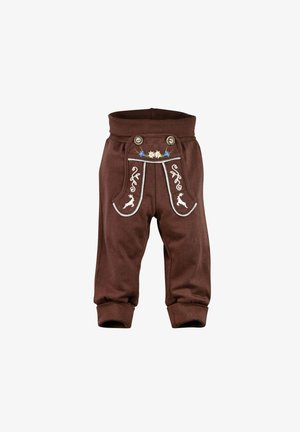 Braune Kleinkind-Hosen mit dekorativer Stickerei, weißen Akzenten, zwei vorderen Knöpfen und umgeschlagenen Säumen. Weicher, strukturierter Stoff.