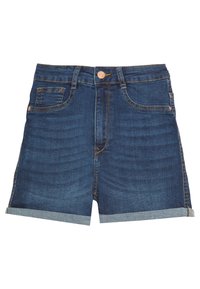 Džínové šortky v tmavě modré barvě s pětiosým designem, ohrnutými manžetami a knoflíkem v měděném tónu. Hladký povrch s jemným efektem vyblednutí.