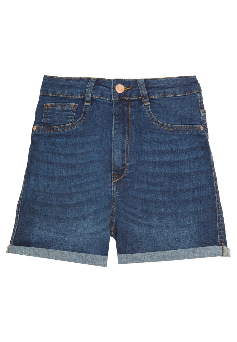 Džínové šortky v tmavě modré barvě s pětiosým designem, ohrnutými manžetami a knoflíkem v měděném tónu. Hladký povrch s jemným efektem vyblednutí.