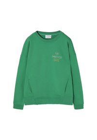 Felpa verde con scollatura a girocollo, maniche lunghe e polsini a costine. Presenta un testo ricamato "IL MIO APPUNTAMENTO PER SEMPRE" in lettere multicolori.