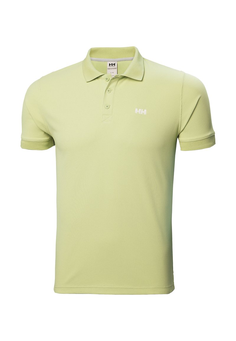 Polo shirt verde chiaro in tessuto a trama, maniche corte e colletto classico. Presenta una chiusura a tre bottoni e un accento con logo bianco.