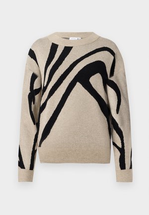 Beige sweater with black abstract pattern, crew neckline, long sleeves, ribbed hem and cuffs. Made from soft knit material.