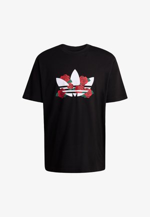 Čierne bavlnené tričko s bielym logom v tvare trojlistu, zdobené červenými ružami a zelenými listami. Krátke rukávy a klasický okrúhly výstrih.