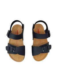 Infradito neri con fibbie regolabili, suola in sughero e suola piatta. Caratterizzati da due fasce larghe sul piede e una cinghia per la caviglia.