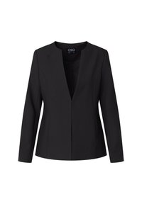 Černý blazer s výstřihovým límcem, dlouhými rukávy a přiléhavým střihem. Vyroben z pevných tkanin bez viditelných zapínání.
