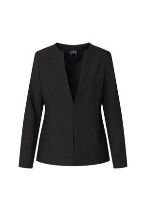 Černý blazer s výstřihovým límcem, dlouhými rukávy a přiléhavým střihem. Vyroben z pevných tkanin bez viditelných zapínání.