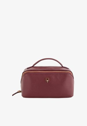Burgunderfarbene Kosmetiktasche mit strukturierter Form, goldfarbenem Reißverschluss, Tragegriff und geprägter Textur. Verfügt über ein kleines Logo auf der Vorderseite.