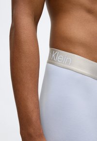 Bijele pamučne bokserice s laganim sivim elastičnim pojasom s natpisom "Calvin Klein" u bijelom slovu. Tekstura je glatka i tijesna.