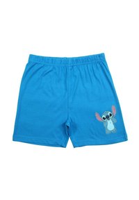 Shorts en coton bleus avec une taille élastique et un imprimé de personnage de dessin animé sur la cuisse gauche. Le matériau est lisse avec une texture légère.