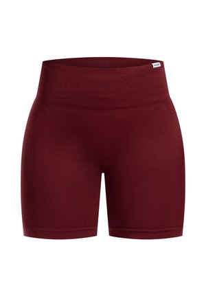 Burgunderfarvede strækshorts med en bred, ribbet linning. Glat tekstur, tætsiddende pasform, og uden synlige mønstre eller accenter.