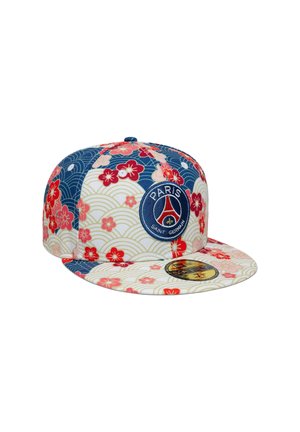 Cap with a multicolored floral design featuring red flowers and blue accents. Includes a round logo on the front and a flat brim.
