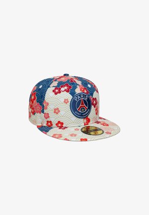 Cap with a multicolored floral design featuring red flowers and blue accents. Includes a round logo on the front and a flat brim.