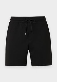Shorts noirs décontractés avec une ceinture élastique et un cordon de serrage réglable, dotés de poches latérales et d'un ourlet droit.