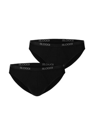 Dos calzoncillos tipo slip negros para hombre con cintura elástica de marca que dice "SLOGGI", mostrados sobre un fondo blanco.