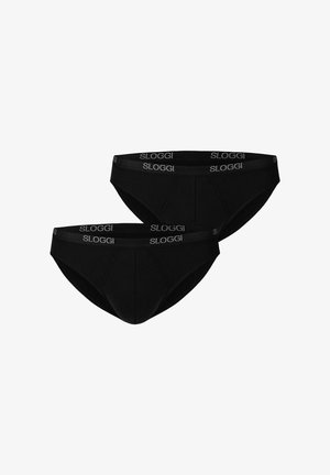 Zwei schwarze Herren-Slips mit elastischen Bundstreifen, auf denen "SLOGGI" steht, vor weißem Hintergrund.