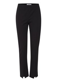 Pantalons noirs ajustés en tissu lisse et extensible, coupe slim, avec des fentes latérales à l'ourlet pour un détail supplémentaire.