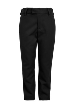 Pantalon droit noir sur mesure avec passants de ceinture et fermeture éclair à l'avant, présenté sur fond blanc.