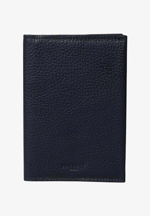 Schwarzes strukturiertes Leder-Bifold-Portemonnaie mit dezent geprägtem Markennamen am unteren Zentrum.