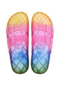 Infradito trasparenti colorati con doppie cinghie regolabili e sfumature di giallo, rosa, blu e verde.