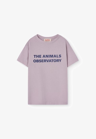Lavendel kortærmet t-shirt i bomuld med rund hals, med fed marineblå tekst: "THE ANIMALS OBSERVATORY" henover foran.