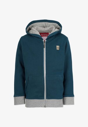 Teal zip-up hættetrøje med grå indvendig, forlommer og ribbede manchetter. Har et lille logo-patch på brystet. Blødt, afslappet design.