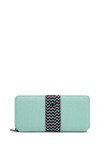 Light blue rectangular wallet with black, pink, and turquoise zigzag stripe centered front, and a small metallic zigzag logo above stripe.