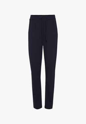 Tumši zili sporta bikses no mīksta auduma, ar elastīgu jostasvietu un auklu, divām priekšējām krokām un sašaurinātu bikšu kāju dizainu.