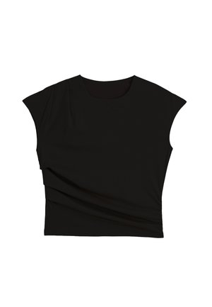 Haut noir sans manches pour femme avec encolure ronde et fronces subtiles sur les côtés, présenté à plat sur un fond blanc.