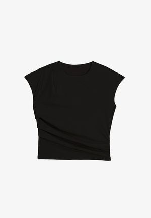 Top nero senza maniche da donna con scollo rotondo e leggero arricciamento laterale, mostrato disteso su uno sfondo bianco.