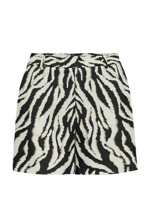 Zwart-witte shorts met zebraprint, voorzien van een elastische tailleband, een vlakke voorkant en twee zijzakken. Gemaakt van een lichtgewicht, gestructureerde stof.
