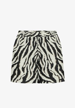 Zwart-witte shorts met zebraprint, voorzien van een elastische tailleband, een vlakke voorkant en twee zijzakken. Gemaakt van een lichtgewicht, gestructureerde stof.