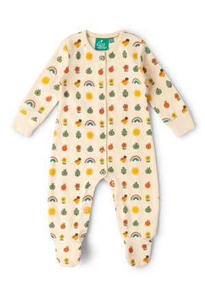 Baby-Schlafanzug in Cremefarbe mit Muster aus grünen Äpfeln, Orangen, gelben Sonnen, Regenbögen, Bäumen, Blumen und kleinen Vögeln, mit Druckknöpfen vorne.