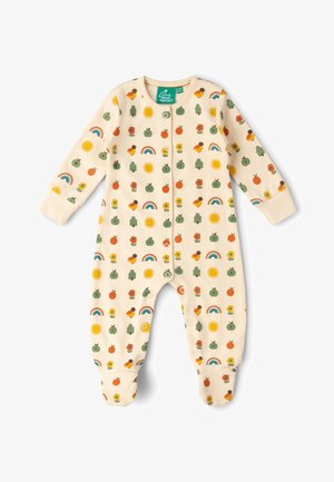 Cream-colored baby sleeper with green apples, orange fruit, yellow suns, rainbows, trees, flowers, and small birds pattern, snap buttons front.