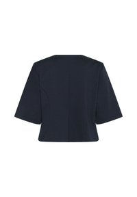 Top corto blu navy con maniche corte, caratterizzato da una texture liscia e cuciture strutturate sul retro, creando una silhouette pulita e moderna.