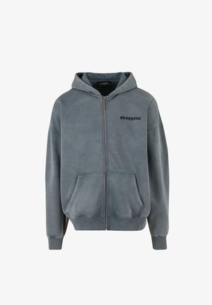 Grauer Reißverschluss-Hoodie mit weicher Textur, Kängurutaschen und einer Kapuze mit Kordelzug. Verfügt über ein schwarzes gesticktes Logo auf der linken Brust.