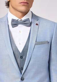 Helles blaues Sakko mit einer strukturierten Fliege, weißem Hemd und einer grauen gemusterten Weste. Mit einer Einstecktuch und dunklen Knöpfen.