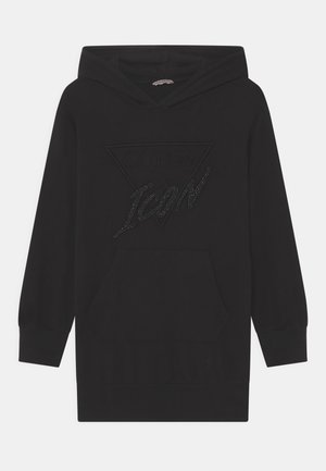 Schwarzer langärmeliger Hoodie mit Front-Kängurutasche, geprägtem dreieckigem Logo und dem Text "ICON" in strukturiertem Schriftzug auf der Brust.