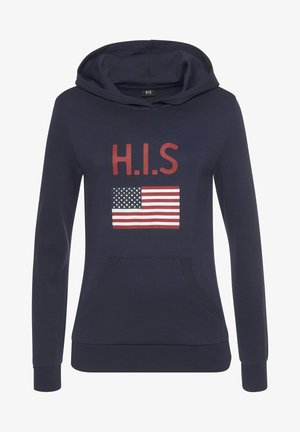 Navyblaue Kapuzenjacke mit Kordelzug, die einen großen roten "H.I.S"-Schriftzug und einen Print der amerikanischen Flagge zeigt. Weicher Stoff und Design mit Kängurutasche.