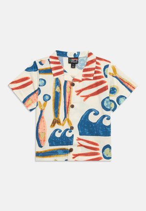 Short-sleeve button-up shirt with collar featuring colorful abstract fish, waves, and circular patterns on cream background.