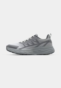 Lightweight running shoes in shades of gray, featuring a mesh upper, reinforced toe cap, textured sole, and reflective accents for visibility.