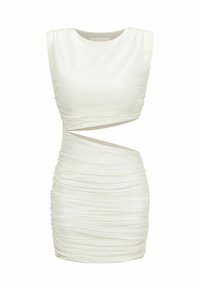 Witte mouwloze jurk met geplooid materiaal, met een uitsnede aan de zijkant en gathers langs het lijf. Glad, rekbaar materiaal.