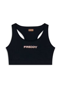 Reggiseno sportivo nero con scollatura rotonda, design a fascia e logo "FREDDY" rosa al centro. Realizzato in materiale elastico e liscio.