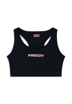 Reggiseno sportivo nero con scollatura rotonda, design a fascia e logo "FREDDY" rosa al centro. Realizzato in materiale elastico e liscio.