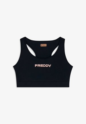 Reggiseno sportivo nero con scollatura rotonda, design a fascia e logo "FREDDY" rosa al centro. Realizzato in materiale elastico e liscio.