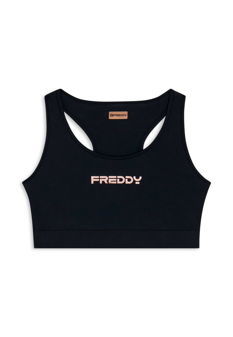 Reggiseno sportivo nero con scollatura rotonda, design a fascia e logo "FREDDY" rosa al centro. Realizzato in materiale elastico e liscio.