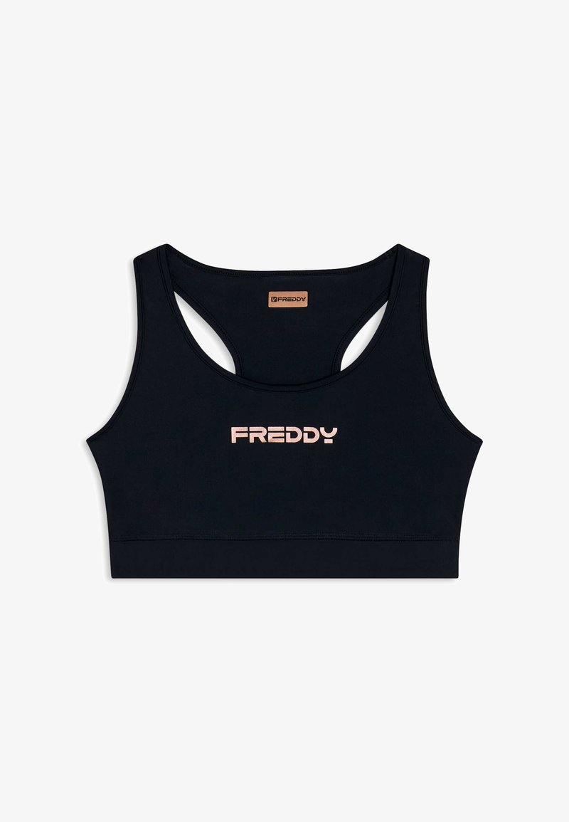 Reggiseno sportivo nero con scollatura rotonda, design a fascia e logo "FREDDY" rosa al centro. Realizzato in materiale elastico e liscio.