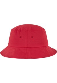 Roter Bucket Hat aus Stoff mit einer runden Oberseite, breiter Krempe und zwei Belüftungsöhrchen an den Seiten. Einfaches Design, ohne Muster oder Akzente.