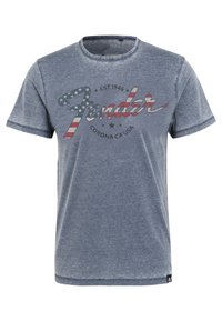 Blauwe kortgeselecteerde t-shirt in een zachte katoenmix met een vooraanstaand graphic van "Fender," met rood, wit en blauwe accenten en een ronde halslijn.