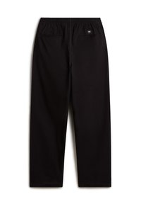 Pantalon noir à jambes droites avec ceinture élastique et deux poches passepoilées à l'arrière, dont une avec un petit patch logo Vans.