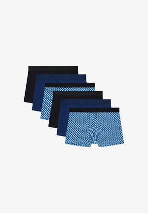 Sei boxer da uomo in fila, con modelli blu tinta unita, nero tinta unita e blu fantasia con elastici in vita neri o blu navy.